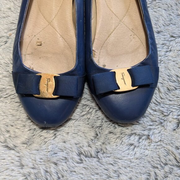 Salvatore Ferragamo Blue Ballet Flats Varina Leather Bow EU 40 US 10 - Picture 3 of 11